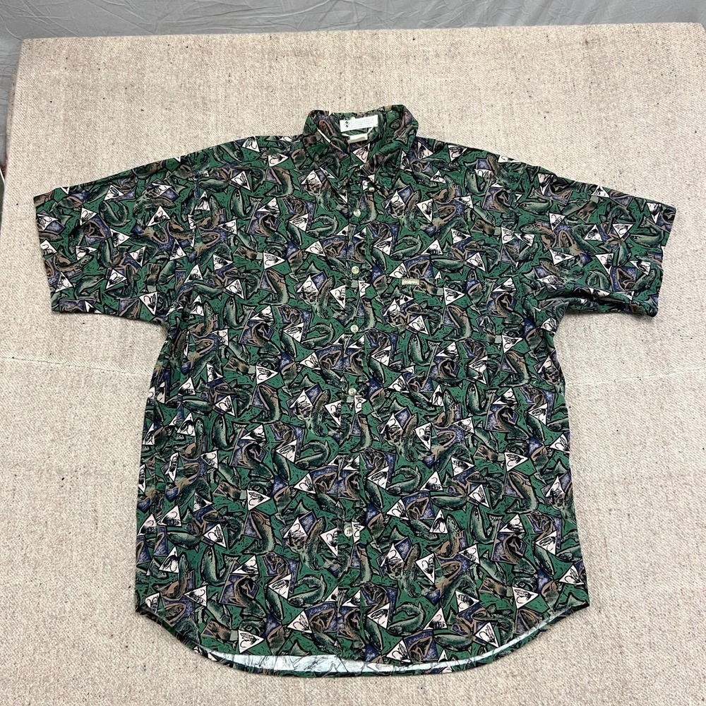 Vintage Columbia Button Up Shirt Mens XL Green 1990s Fly Fishing Short Sleeve